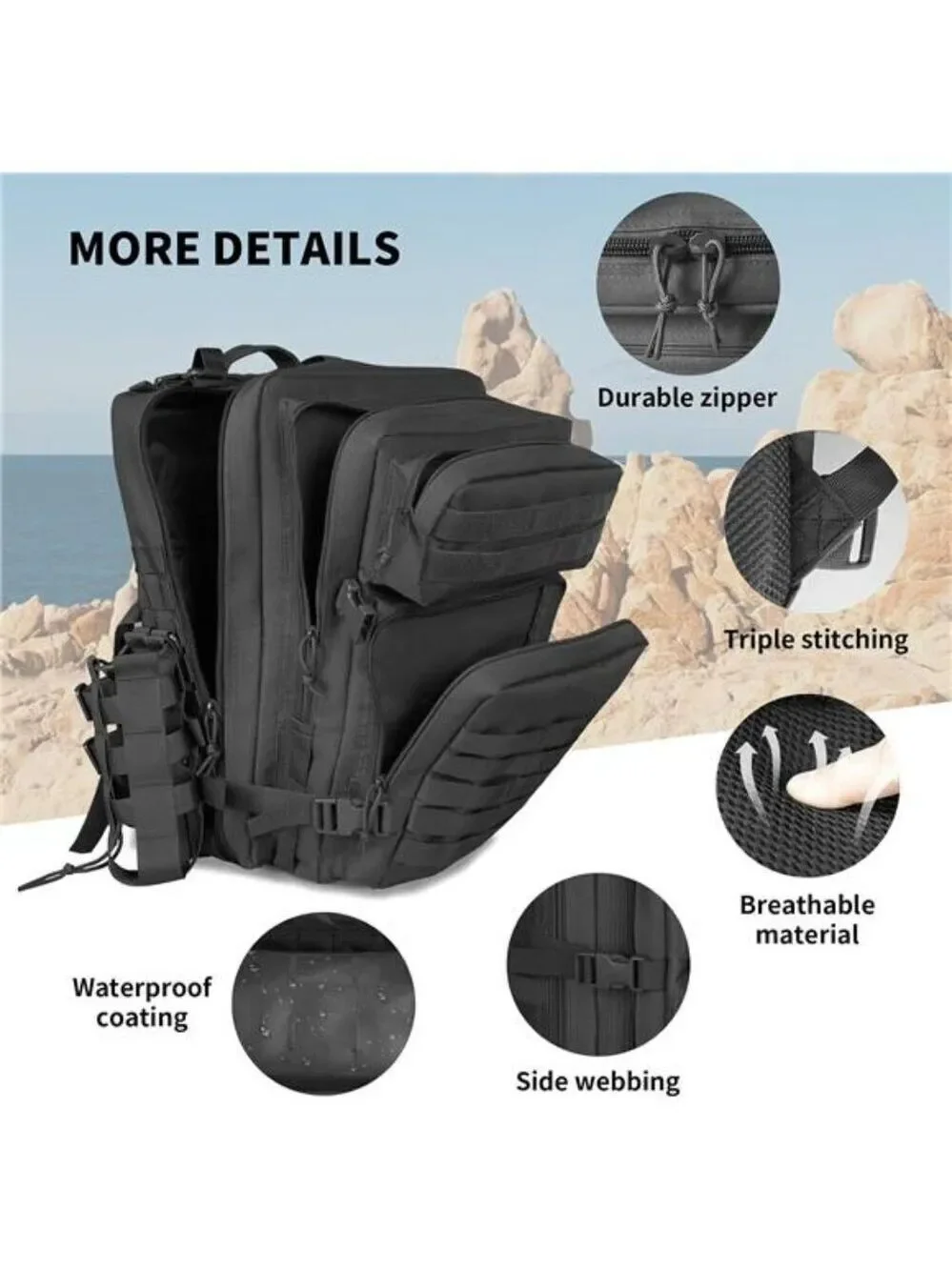 45L Tactical Backpack Molle Military Hiking Camping Bug Out Bag Black Large
